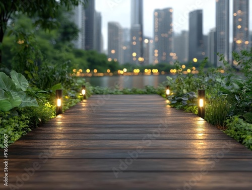 Obraz na płótnie Wooden walkway with lights leading to city skyline w salonie