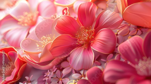 Sleek 3D Abstract Environment Featuring Bright Pink and Coral Florals with Gold Highlights