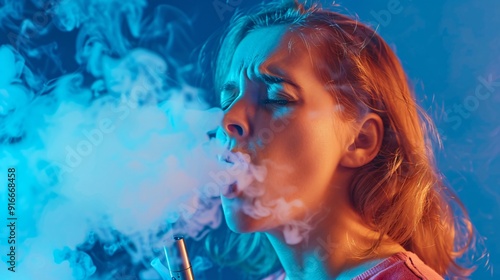 Woman caughing after vaping blue gradient background photo