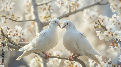 a pair of white doves on the branches of a cherry tree, wedding theme