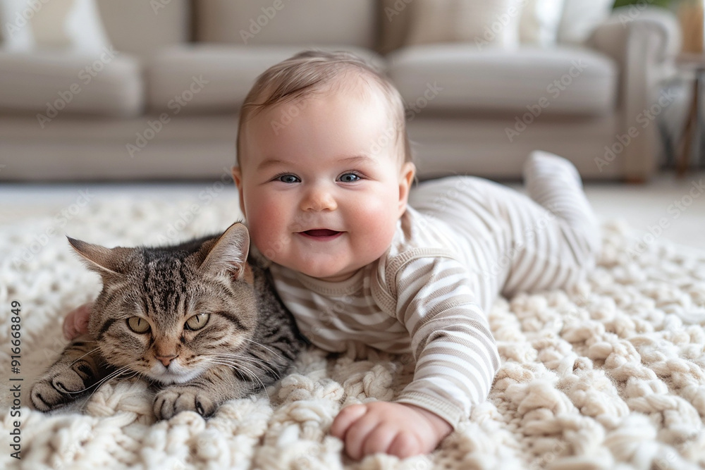 Baby and kitten together as best friends Baby and kitten together as best friends