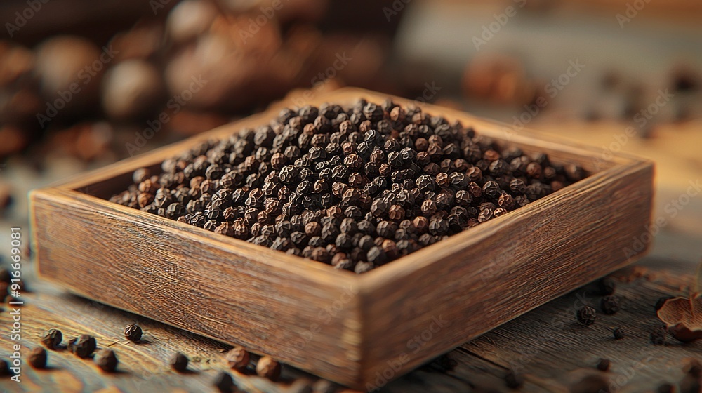 Flat lay (Top view) of Black peppercorns (Black pepper) in wooden bowl. Flat lay (Top view) of Black peppercorns (Black pepper) in wooden bowl.
