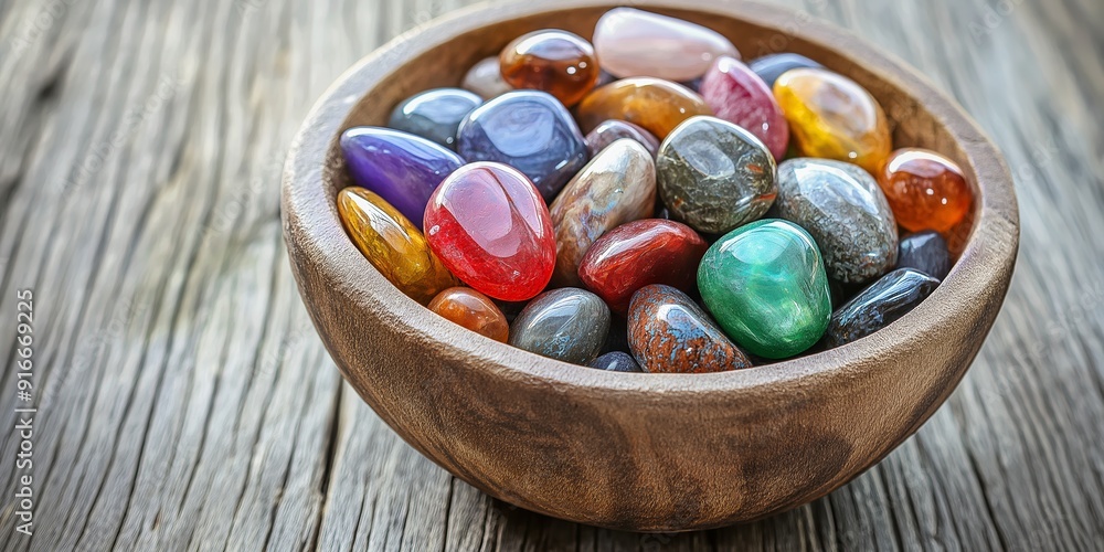 A bowl full of colorful stones on a wooden table. The bowl is filled with a variety of stones, including some that are green, red, and blue A bowl full of colorful stones on a wooden table. The bowl is filled with a variety of stones, including some that are green, red, and blue
