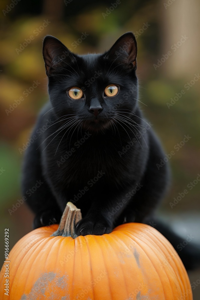 A black cat is sitting on top of a pumpkin. The cat is looking at the camera with its eyes wide open. The pumpkin is placed on a table, and the cat is the main focus of the image A black cat is sitting on top of a pumpkin. The cat is looking at the camera with its eyes wide open. The pumpkin is placed on a table, and the cat is the main focus of the image