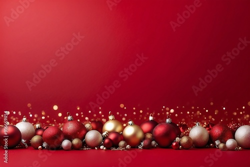 Christmas background with red, gold and white color decorations. Christmas balls on the bottom edge of the photo on a simple red background. Banner for advertising, poster or flyer. New Year concept. 