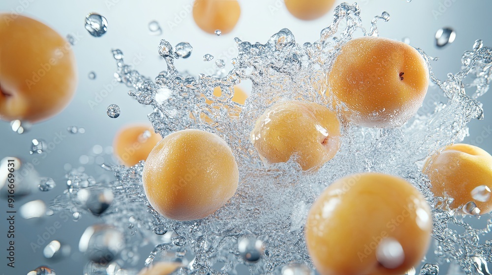 Dynamic Splash of Fresh Peaches in a Bright Clean Background. Water Spraying, Liquid Explosion Effect Highlighting the Vibrant Color and Realistic Detail of Juicy Fruit. Front View with Surreal Style. Dynamic Splash of Fresh Peaches in a Bright Clean Background. Water Spraying, Liquid Explosion Effect Highlighting the Vibrant Color and Realistic Detail of Juicy Fruit. Front View with Surreal Style.