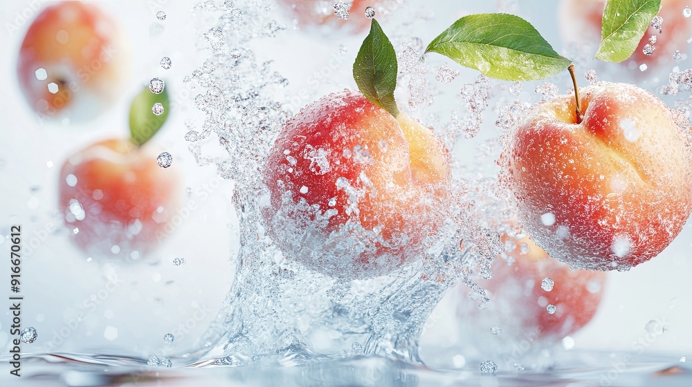 Dynamic Splash of Fresh Peaches in a Bright Clean Background. Water Spraying, Liquid Explosion Effect Highlighting the Vibrant Color and Realistic Detail of Juicy Fruit. Front View with Surreal Style. Dynamic Splash of Fresh Peaches in a Bright Clean Background. Water Spraying, Liquid Explosion Effect Highlighting the Vibrant Color and Realistic Detail of Juicy Fruit. Front View with Surreal Style.