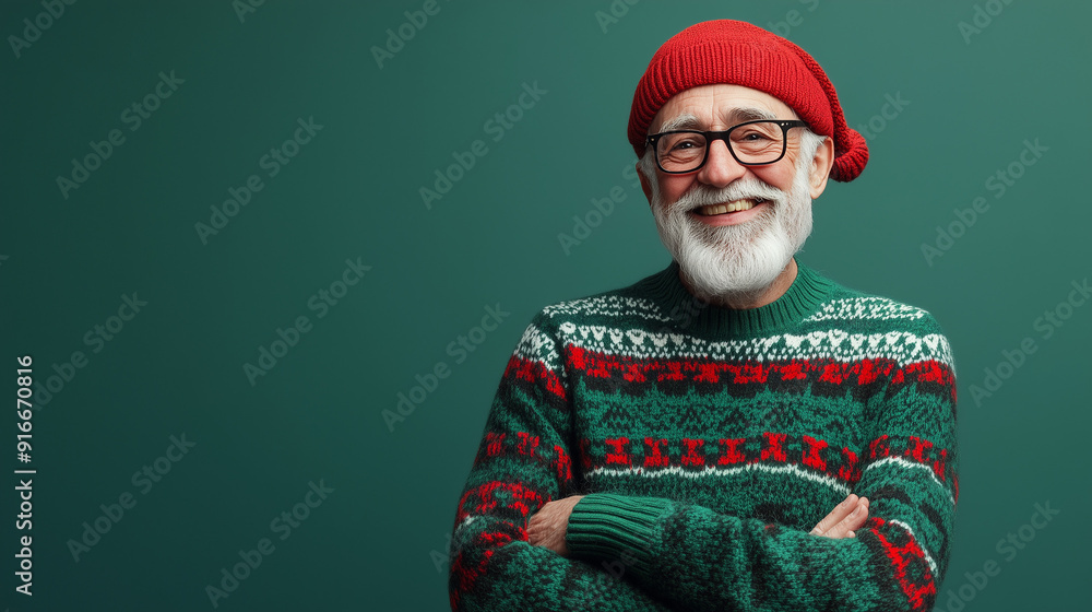 Old man wearing a beanie and a happy expression for Christmas 2024, green background. Old man wearing a beanie and a happy expression for Christmas 2024, green background.