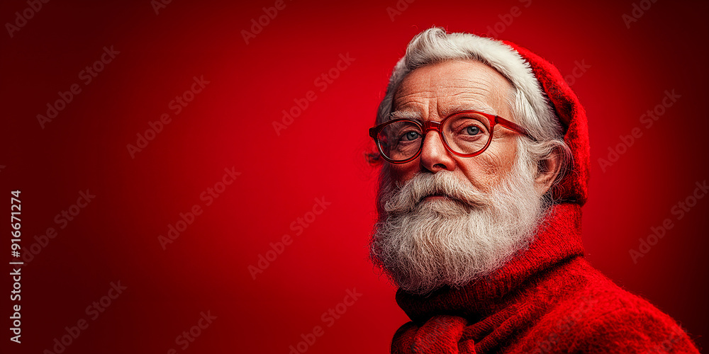 high resolution photo realistic of stylish modern santa claus on red plain background with copy space high resolution photo realistic of stylish modern santa claus on red plain background with copy space