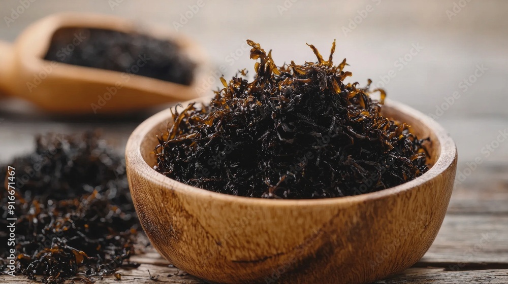 close up laminaria (Kelp) seaweed in bowl close up laminaria (Kelp) seaweed in bowl