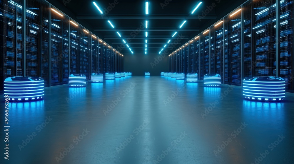 Futuristic holographic warehouse with autonomous robots Futuristic holographic warehouse with autonomous robots