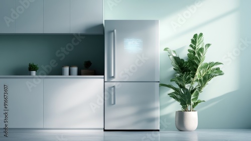 A smart refrigerator featuring a display screen is situated in a contemporary kitchen setting, combining modern home design with advanced technological features. photo