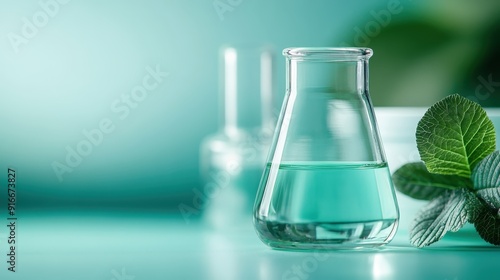 A glass flask filled with a blue solution against a green background with leaves, symbolizing chemistry and the natural world, ideal for scientific representation. photo