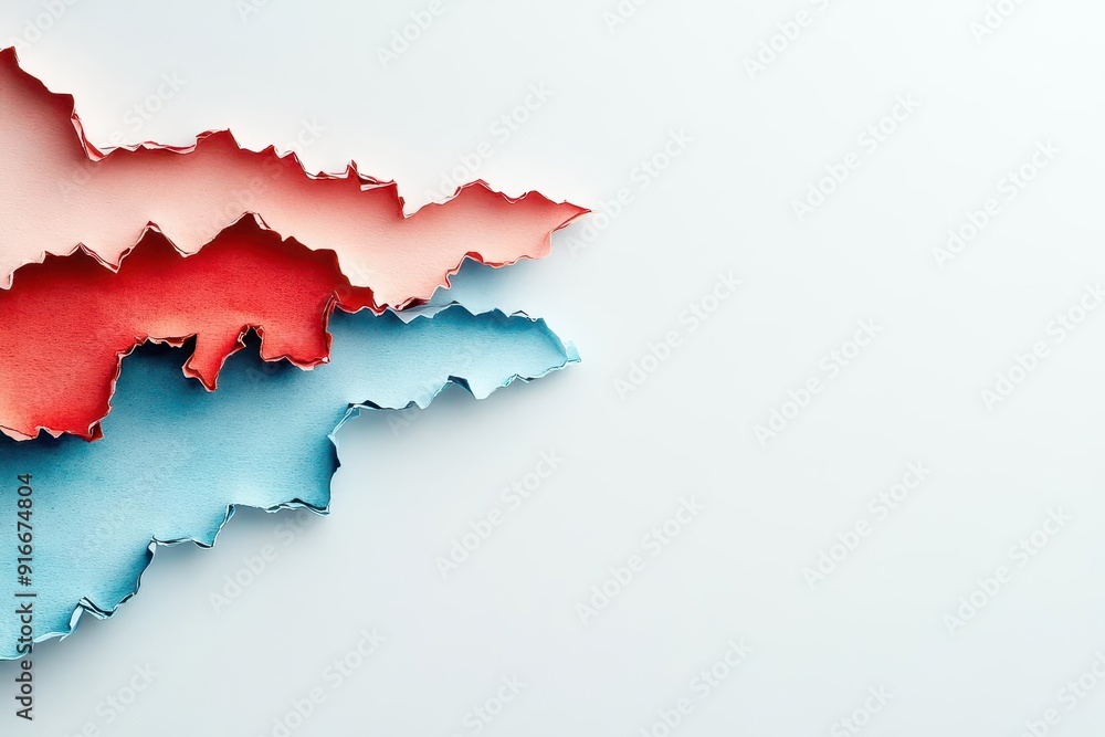 Creative torn paper edges in red and blue against a white background, perfect for abstract art concepts and modern design projects. Creative torn paper edges in red and blue against a white background, perfect for abstract art concepts and modern design projects.