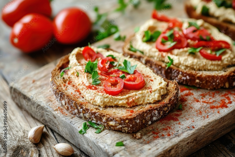 Delicious whole grain toast topped with hummus, cherry tomatoes, and fresh herbs, perfect for a healthy snack or meal. Delicious whole grain toast topped with hummus, cherry tomatoes, and fresh herbs, perfect for a healthy snack or meal.