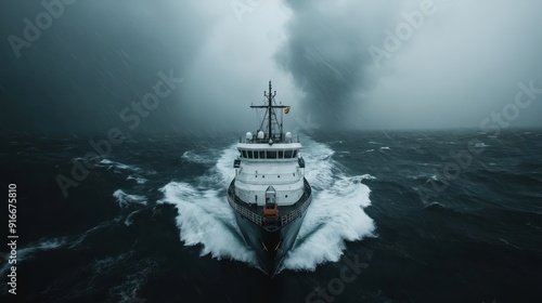 A large ship courageously navigates through rough and stormy seas, with a dramatic and dark sky overhead, embodying resilience and determination. photo