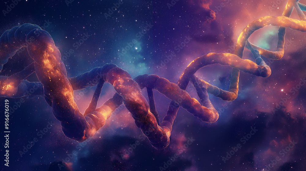 Naklejka premium A surreal spiral of human DNA merging with the cosmic landscape