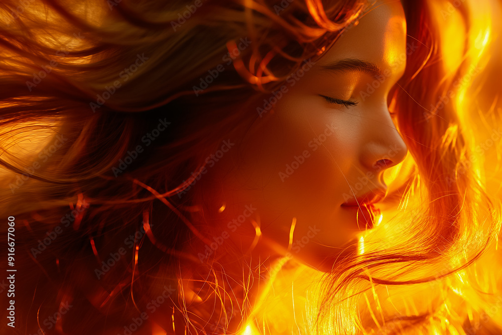 Enchanting Portrait Featuring a Woman with Flowing Orange Hair Illuminated Under a Radiant Glow of Light Enchanting Portrait Featuring a Woman with Flowing Orange Hair Illuminated Under a Radiant Glow of Light