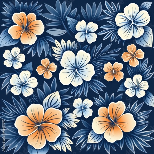 Wallpaper Mural Vibrant Hawaiian floral illustration with blue background and tropical flowers Torontodigital.ca