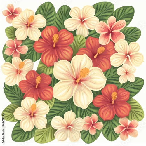 Wallpaper Mural Hawaii inspired floral illustration featuring vibrant hibiscus and lush green leaves Torontodigital.ca
