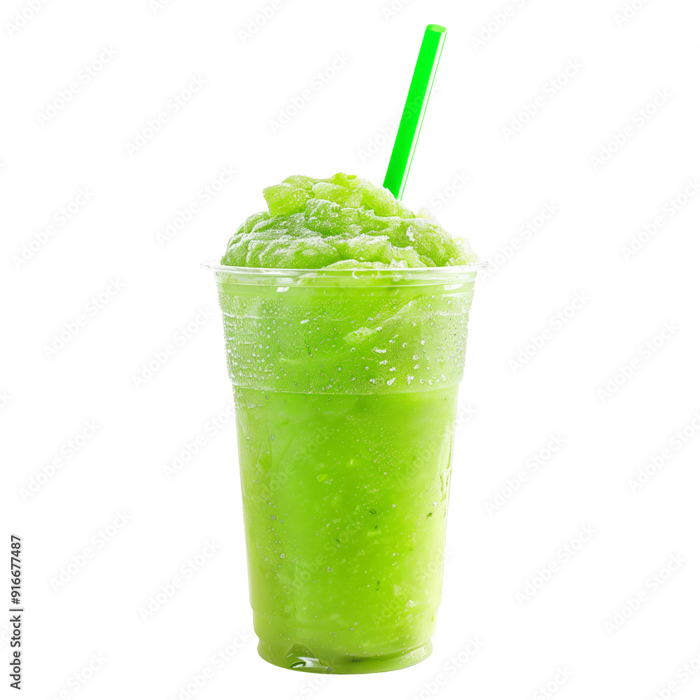Green slushie in a clear cup with a lime slice, perfect for a refreshing summer drink isolated on white background with clipping path Green slushie in a clear cup with a lime slice, perfect for a refreshing summer drink isolated on white background with clipping path
