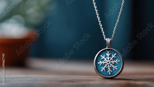 Silver snowflake charm hanging from locket on antique chain.