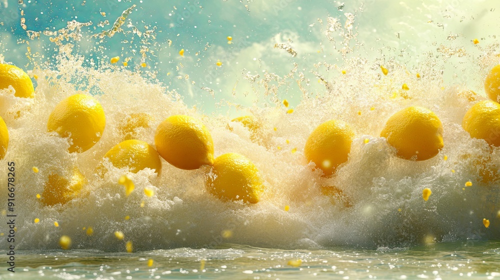 A high-resolution, surreal depiction of lemons exploding and dispersing water in a liquid splash against a bright, clean background. The photorealistic image captures the vibrant, A high-resolution, surreal depiction of lemons exploding and dispersing water in a liquid splash against a bright, clean background. The photorealistic image captures the vibrant,