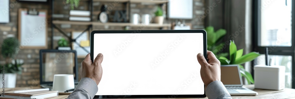 Businessman using tablet in modern office with computer laptop and various office supplies blank screen mockup for product presentation