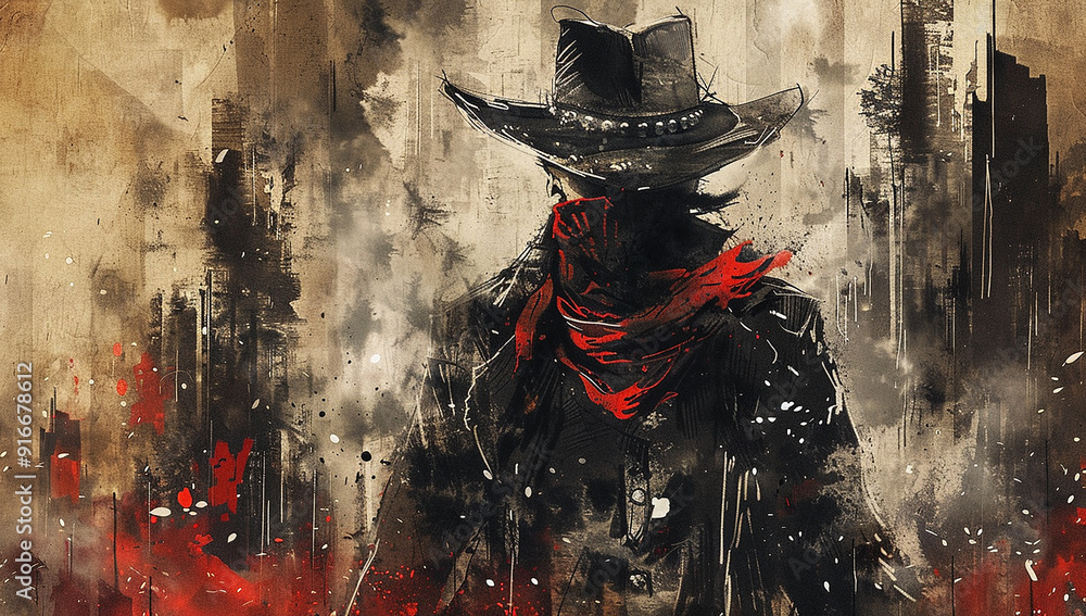 Concept art of an old west gunfighter with a cowboy hat and bandana, smoke plume in the background Concept art of an old west gunfighter with a cowboy hat and bandana, smoke plume in the background
