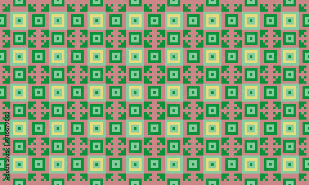 a detailed pattern composed of square designs,squrae shape pattern green and yellow color on pink background. a detailed pattern composed of square designs,squrae shape pattern green and yellow color on pink background.