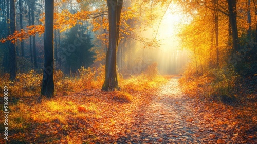 Sunlit Path Through a Foggy Autumn Forest