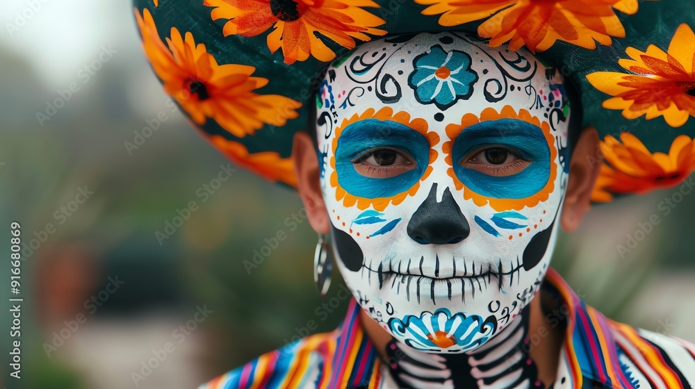 Vibrant Dia de los Muertos outfit with skull face paint, Costume outfit festivity, festive tradition Vibrant Dia de los Muertos outfit with skull face paint, Costume outfit festivity, festive tradition
