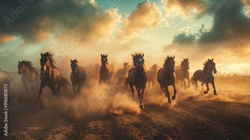 Wild Horses Galloping Through Dust At Sunset