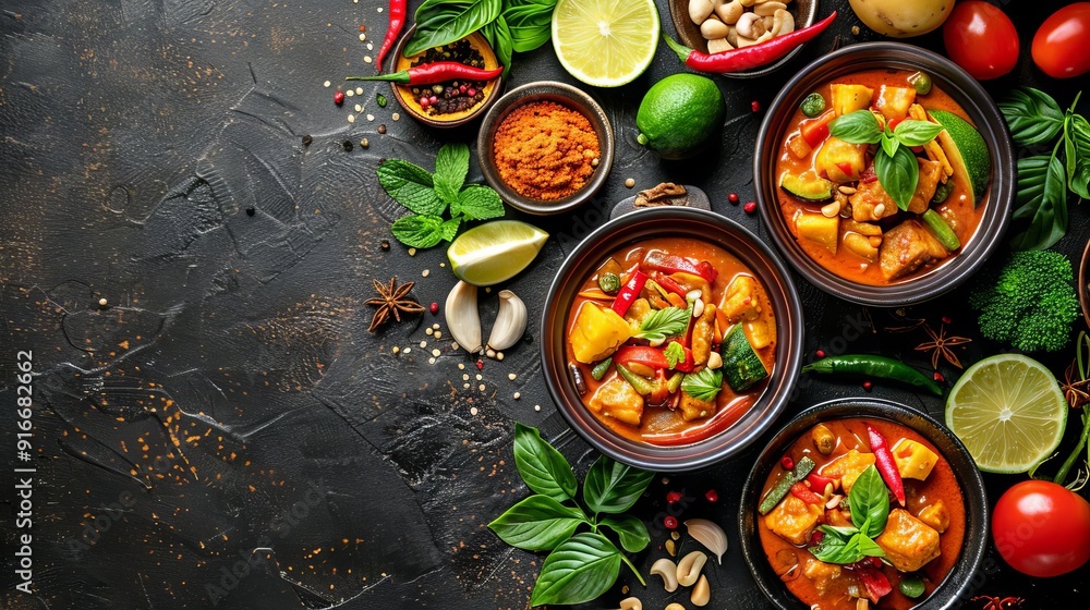 Vibrant Thai curry dishes with exotic spices and colorful vegetables, Exotic Thai cuisine, culinary diversity Vibrant Thai curry dishes with exotic spices and colorful vegetables, Exotic Thai cuisine, culinary diversity