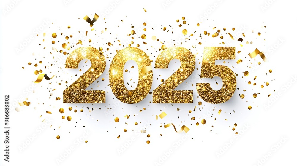 Happy new year 2025 illustration, With glittering numbers and gold glitter sprinkles on white background. Happy new year 2025 illustration, With glittering numbers and gold glitter sprinkles on white background.