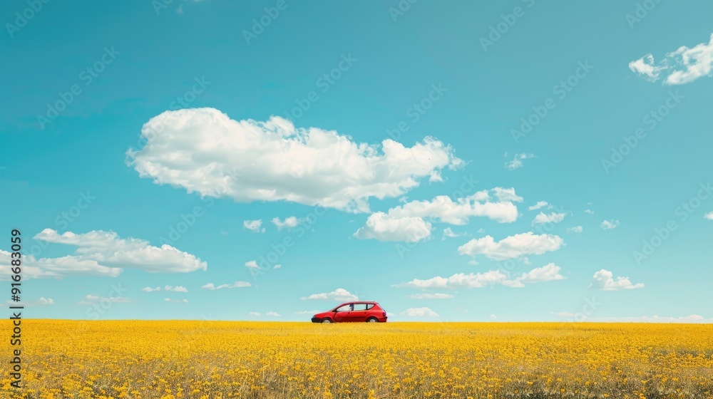 Fototapeta premium A red car on the flower field under blue sky, holiday travel, AI generated for Ads