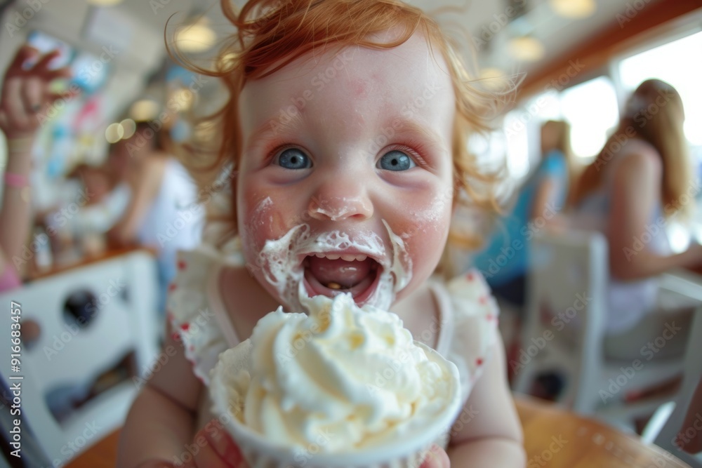 Toddler adorable smile curly red hair framing her face. Lovely baby girl redhead curls and expression full of joy. Child's eyes sparkle while eating ice cream. Toddler adorable smile curly red hair framing her face. Lovely baby girl redhead curls and expression full of joy. Child's eyes sparkle while eating ice cream.