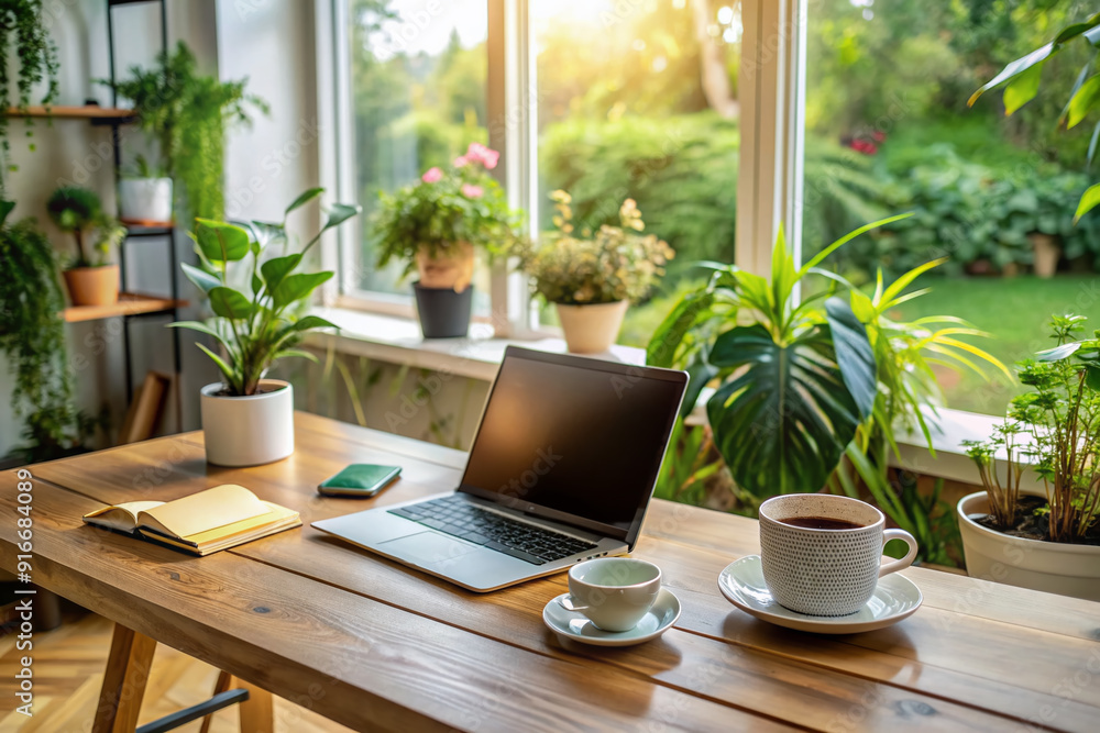 Cozy remote work setup with laptop, notebook, coffee, and plants on a wooden desk, surrounded by a comfortable and serene home environment, natural light pouring in. Cozy remote work setup with laptop, notebook, coffee, and plants on a wooden desk, surrounded by a comfortable and serene home environment, natural light pouring in.