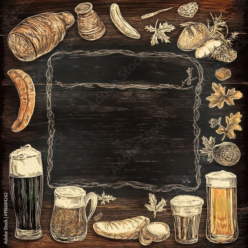 Oktoberfestthemed chalkboard menu with handdrawn beer and food items, set against a rustic wooden background, Oktoberfest menu, Festive design photo