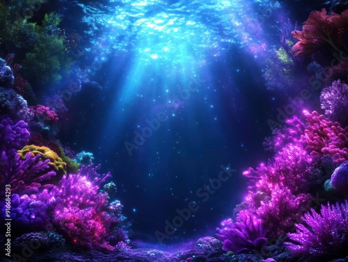 Beautiful underwater scene with colorful coral reefs and sunlight beams.