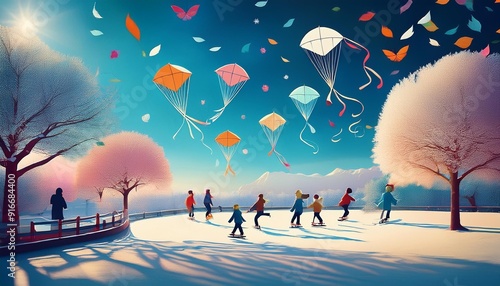 Seasonal changes- Silhouettes of people enjoying seasonal activities, such as ice skating in winter or flying kites in spring, set against season-appropriate background