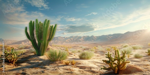 Desert Landscape with Cactus and Mountain Range
