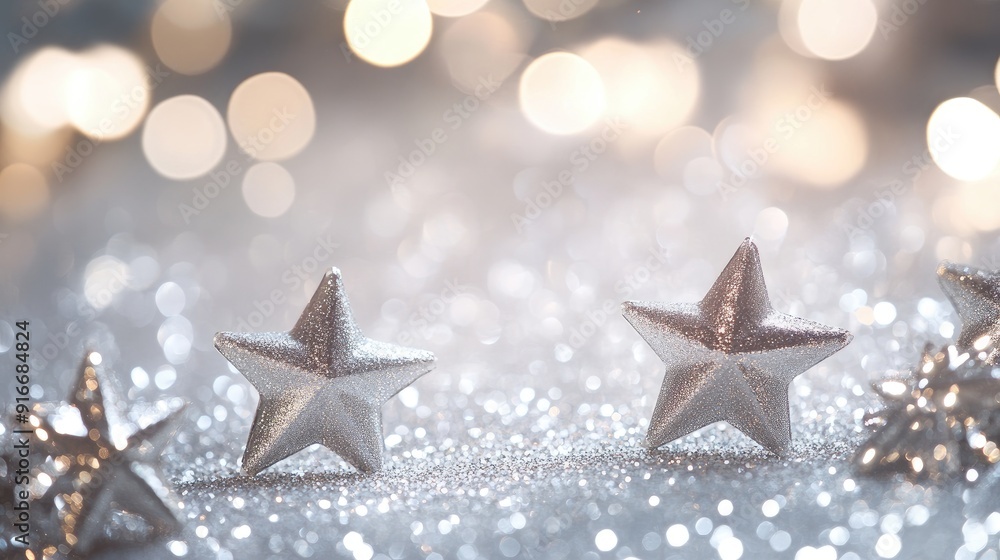 Abstract silver and white blurred background with star glitter, creating a magical atmosphere for Christmas and New Year content. Abstract silver and white blurred background with star glitter, creating a magical atmosphere for Christmas and New Year content.