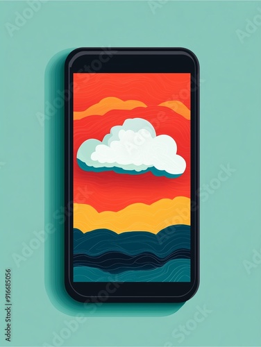 Flat Design Illustration of a Smartphone Displaying a Weather App with Sunset Clouds. photo