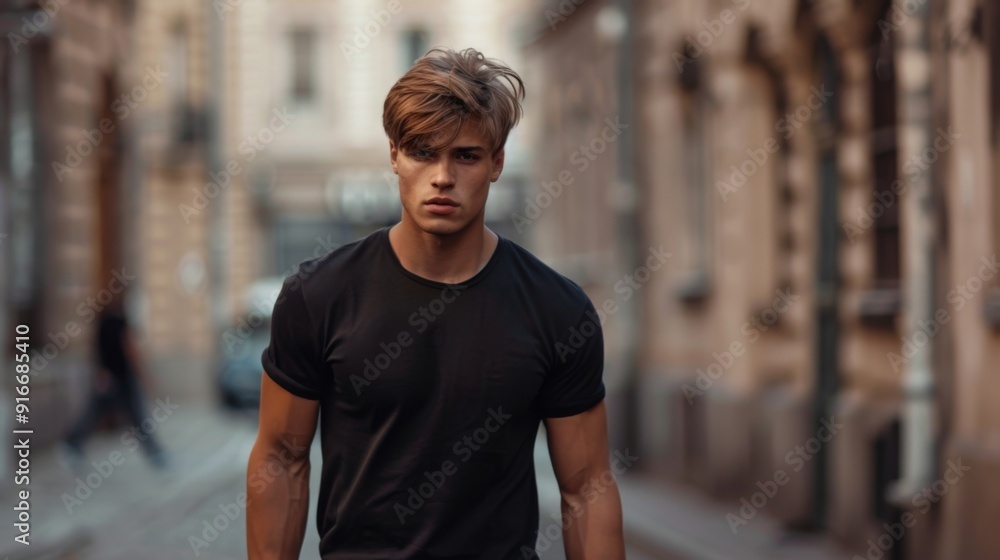 Fototapeta premium Male model in a black cotton t&nbsp;shirt at the city street