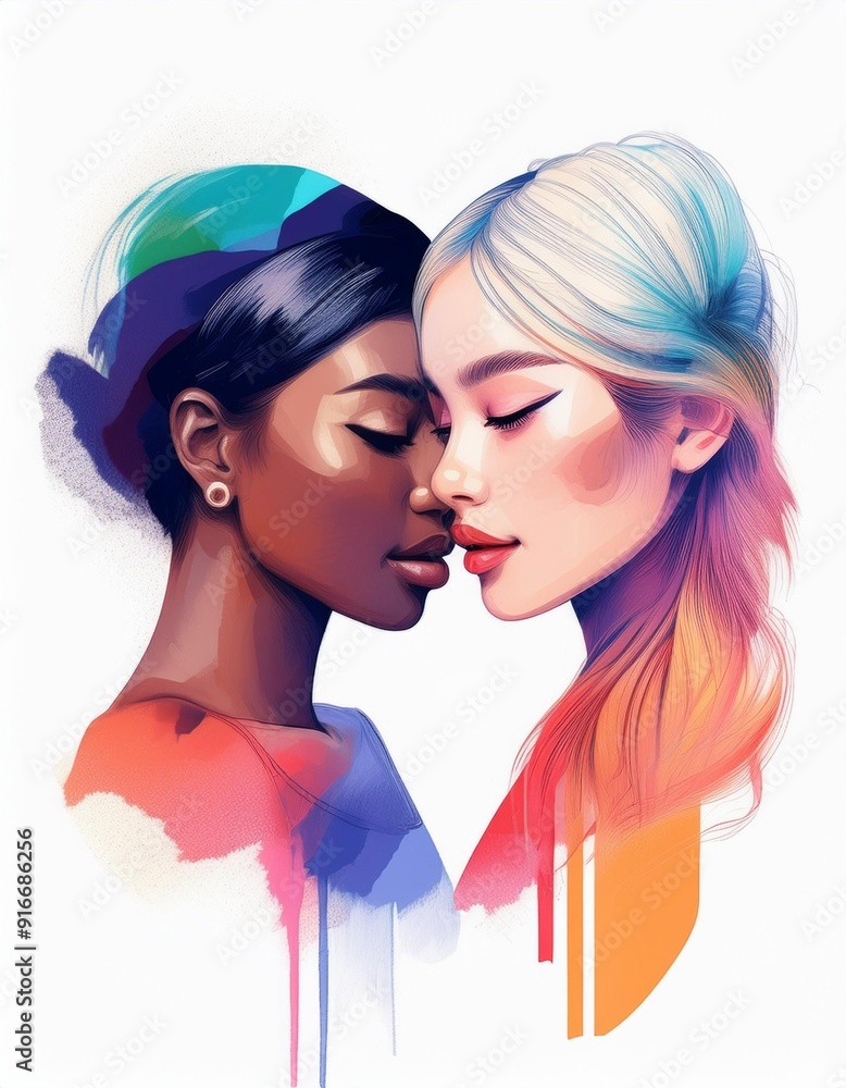 Obraz premium Watercolor illustration of two diverse women in an intimate pose, showcasing LGBTQ representation, vibrant and artistic.