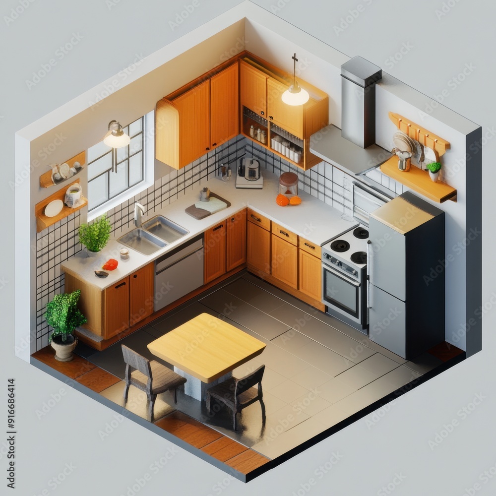 A kitchen with a table and chairs, a sink, a dishwasher, and a refrigerator. The kitchen is small and has a modern design A kitchen with a table and chairs, a sink, a dishwasher, and a refrigerator. The kitchen is small and has a modern design
