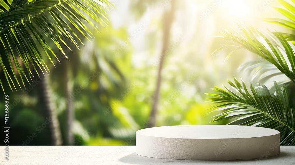 Summer product stand with a clean 3D podium design and a backdrop of tropical palm trees and bright sunlight Summer product stand with a clean 3D podium design and a backdrop of tropical palm trees and bright sunlight