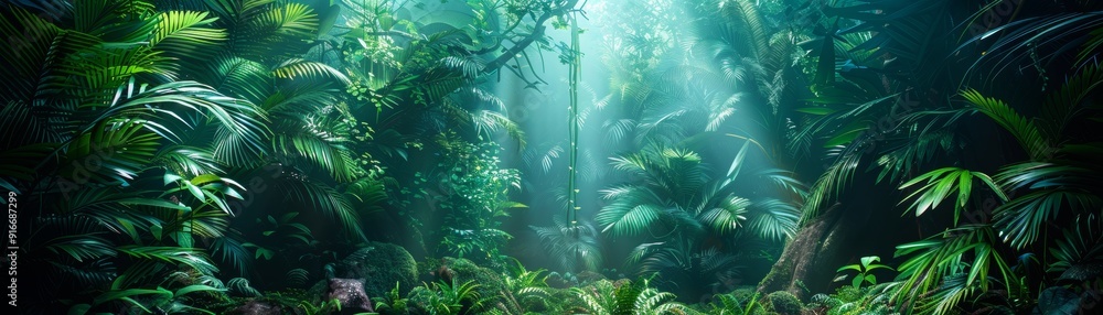 Naklejka premium Dense tropical rainforest with vibrant greenery and diverse wildlife, teeming with life.