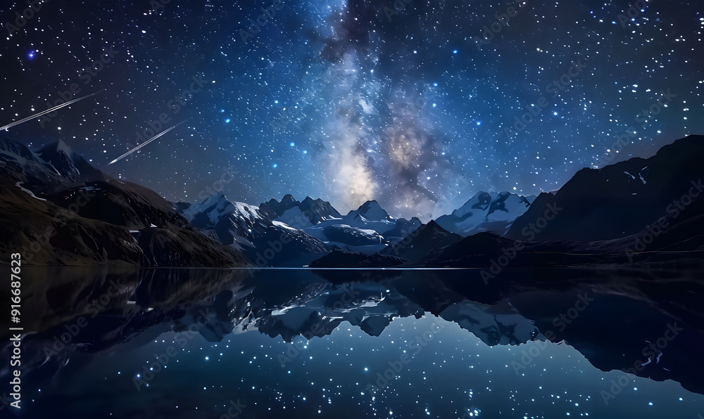 Snow-capped mountains and lakes under the Milky Way stars Snow-capped mountains and lakes under the Milky Way stars